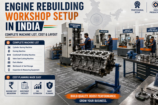 Engine rebuilding workshop with engine block, cylinder honing, boring and crankshaft grinding machines