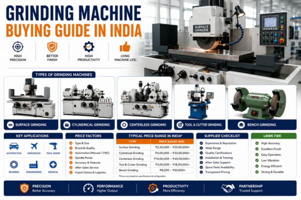 Infographic of a grinding machine buying guide in India, showing machine types, applications, price factors, and supplier checklists.