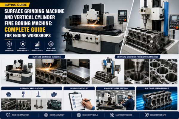 Surface grinding machine and vertical cylinder fine boring machine side-by-side in an engine reconditioning workshop.